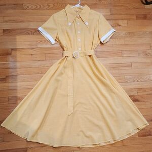 Light Yellow Gingham Daisy Belted A-Line Retro Swing Dress